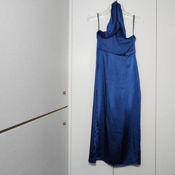 Club L London Steffie Navy Asymmetric Satin Midi Dress Size 2 - Picture 3 of 9